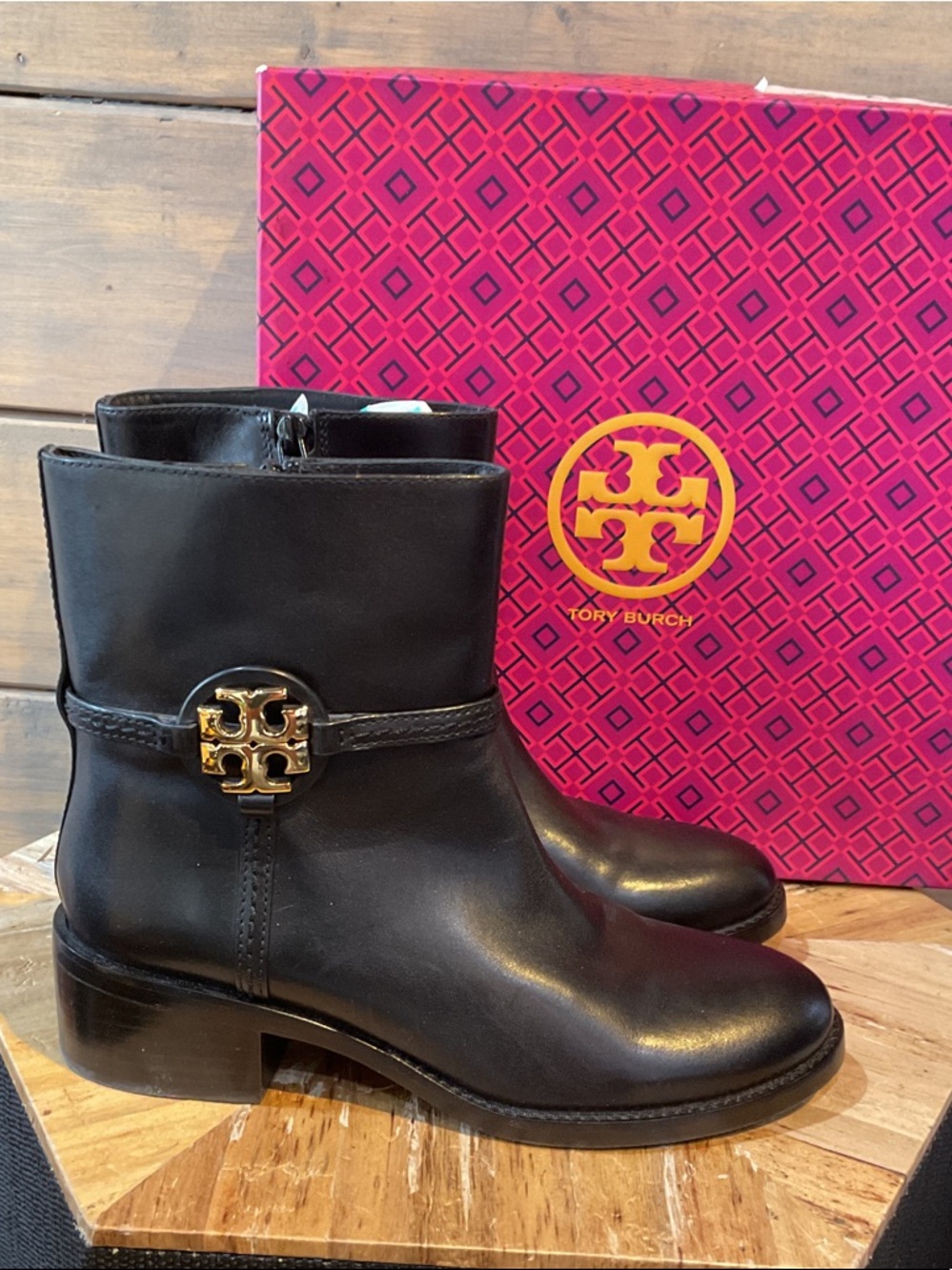 Tory Burch Black Leather Ankle Boots with Gold Logo Medallion